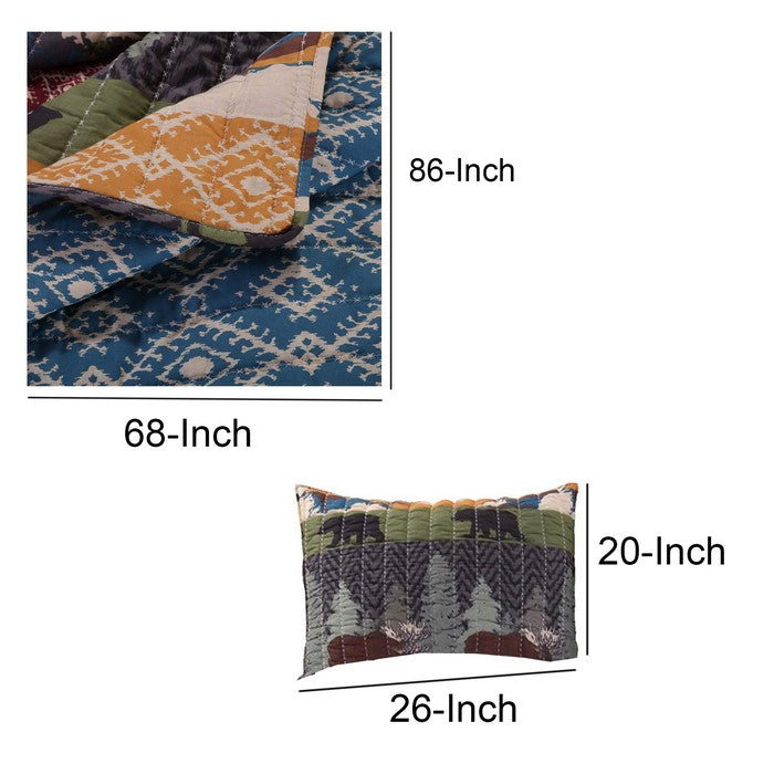 2 Piece Twin Size Quilt Set with Nature Inspired Print, Multicolor