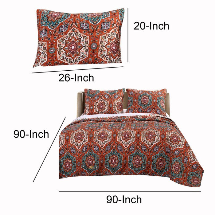 Medallion and Floral Motif Print Polyester Full Quilt Set, Red