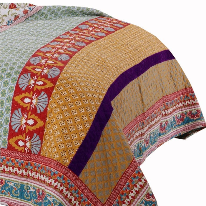 Geometric and Floral Print Full Size Quilt Set with 2 Shams, Multicolor