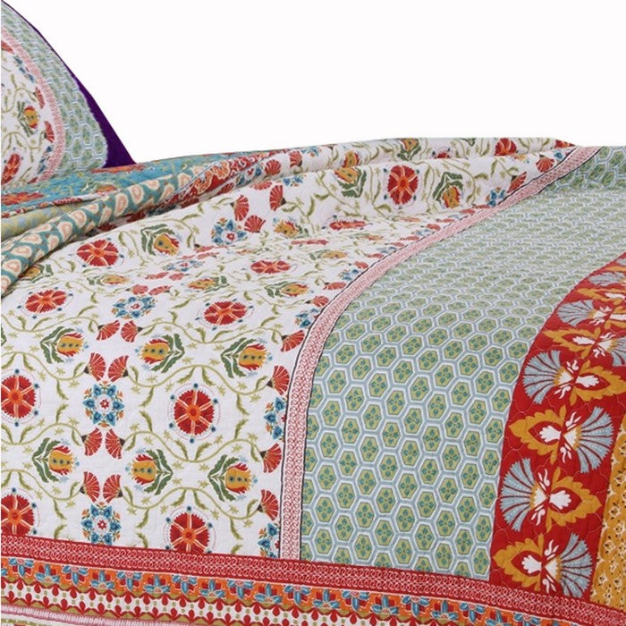 Geometric and Floral Print Full Size Quilt Set with 2 Shams, Multicolor