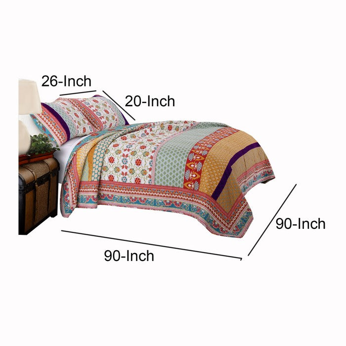 Geometric and Floral Print Full Size Quilt Set with 2 Shams, Multicolor