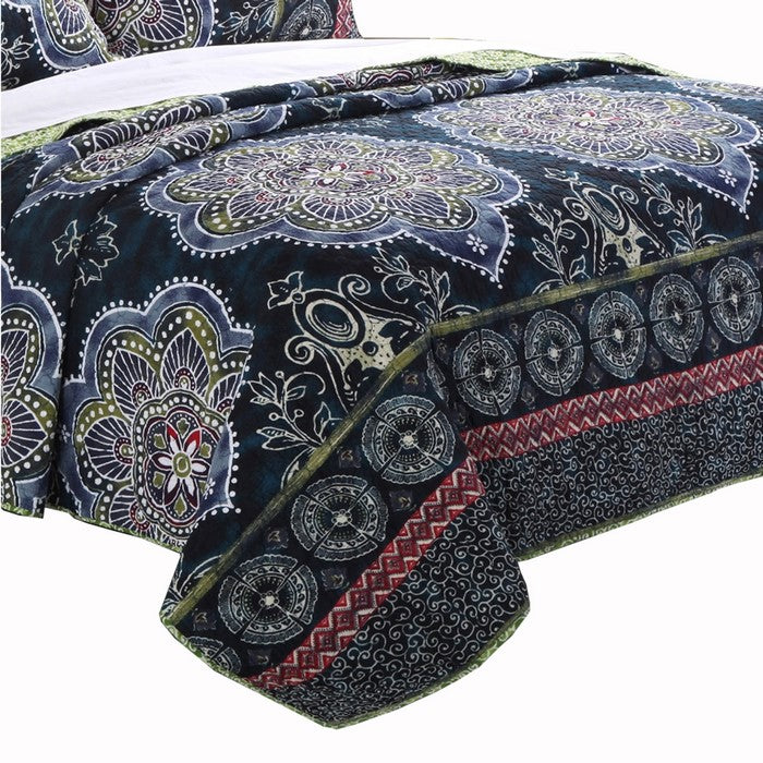 3 Piece Full Size Quilt Set with Medallion Print, Dark Blue and Green