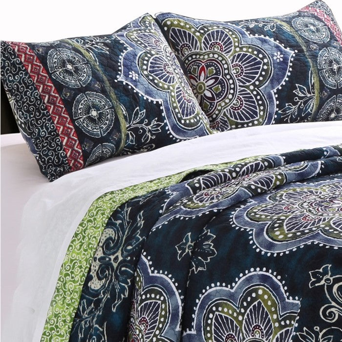 3 Piece Full Size Quilt Set with Medallion Print, Dark Blue and Green