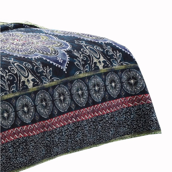3 Piece Full Size Quilt Set with Medallion Print, Dark Blue and Green