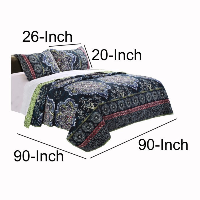 3 Piece Full Size Quilt Set with Medallion Print, Dark Blue and Green