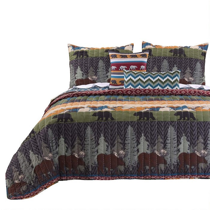 5 Piece Full Size Quilt Set with Nature Inspired Print, Multicolor