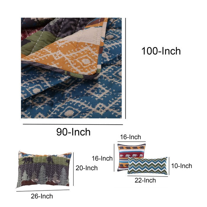 5 Piece King Size Quilt Set with Nature Inspired Print, Multicolor