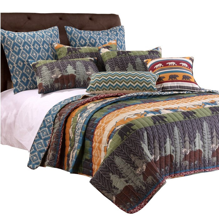 5 Piece King Size Quilt Set with Nature Inspired Print, Multicolor
