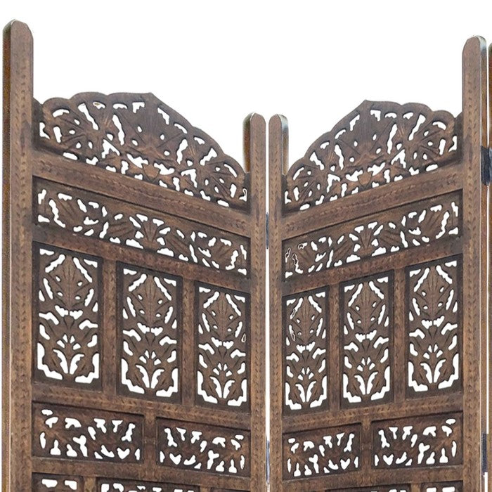Classic 4 Panel Mango Wood Screen with Intricate Carvings, Brown