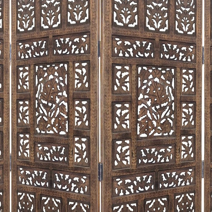 Classic 4 Panel Mango Wood Screen with Intricate Carvings, Brown