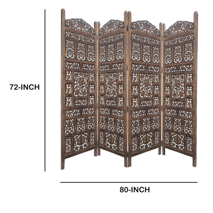 Classic 4 Panel Mango Wood Screen with Intricate Carvings, Brown