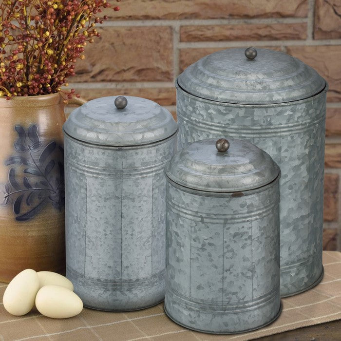 Rustic Metal Galvanized Canisters, Set of 3 Benzara