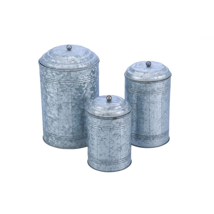 Rustic Metal Galvanized Canisters, Set of 3 Benzara