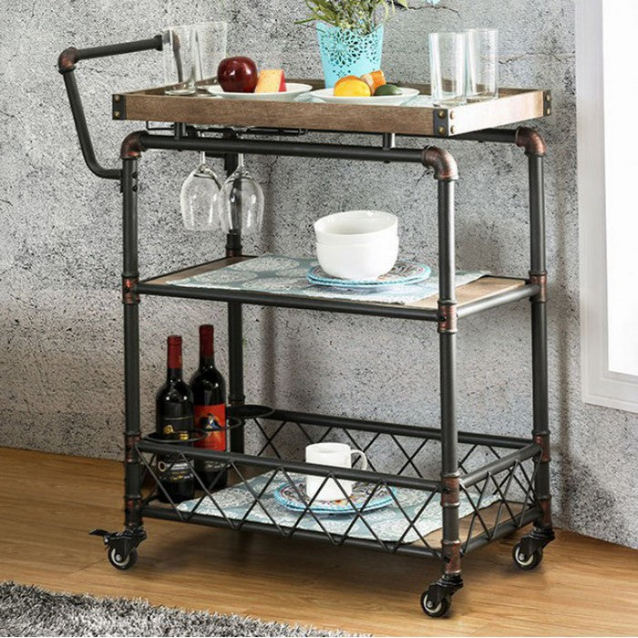 Keervan Industrial Wine Cabinet With Foldable Table, Antique Black