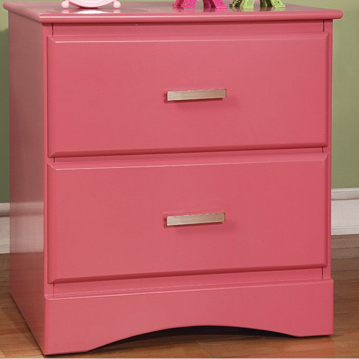 Transitional 2 Drawers Wooden Night Stand With Metal Handles, Glossy Pink