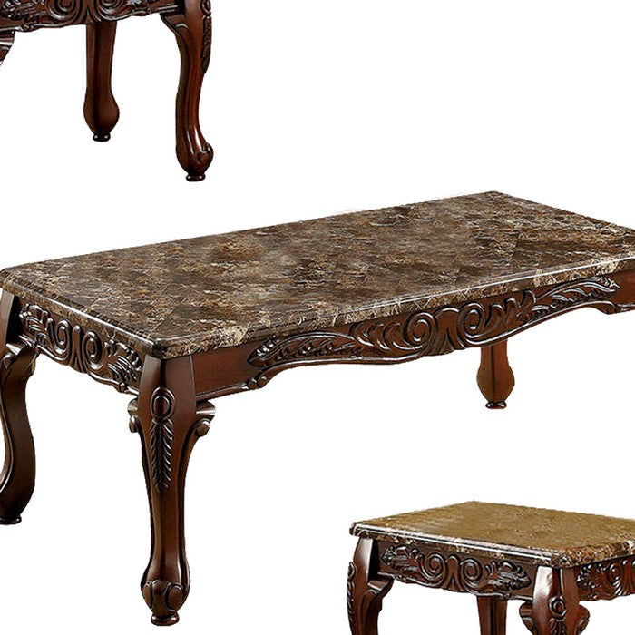 Wooden Coffee Table and End Tables Set with Faux Marble Top, Pack of 3, Brown