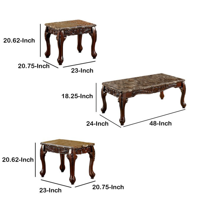Wooden Coffee Table and End Tables Set with Faux Marble Top, Pack of 3, Brown