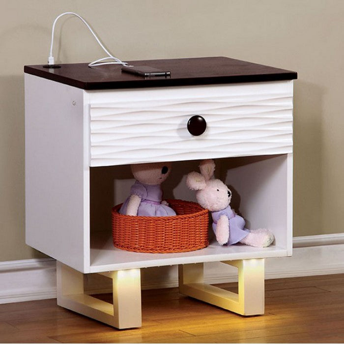 MEREDITH NIGHT STAND WITH USB OUTLET , White & Dark Walnut