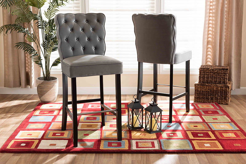 Baxton Studio Daphne Modern and Contemporary Dark Grey Velvet Fabric Upholstered and Dark Brown Finished Wood 2-Piece Bar Stool Set