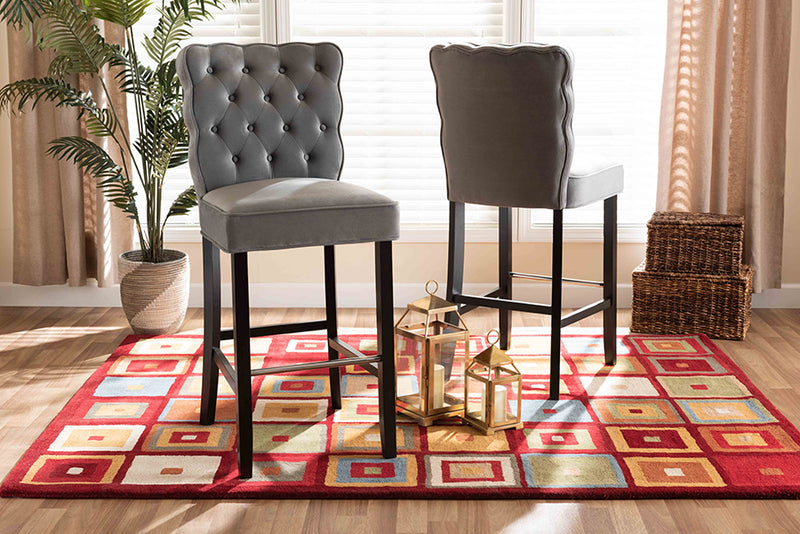 Baxton Studio Daphne Modern and Contemporary Dark Grey Velvet Fabric Upholstered and Dark Brown Finished Wood 2-Piece Bar Stool Set