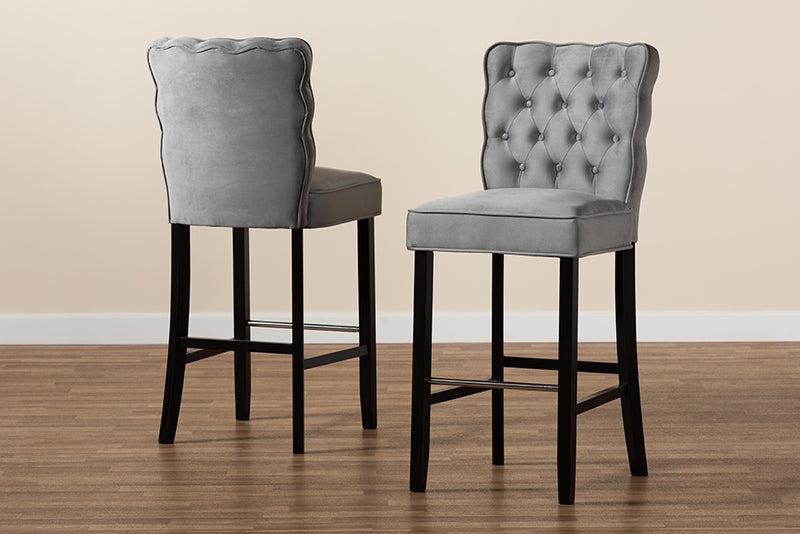 Baxton Studio Daphne Modern and Contemporary Dark Grey Velvet Fabric Upholstered and Dark Brown Finished Wood 2-Piece Bar Stool Set