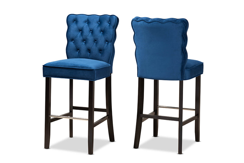 Baxton Studio Daphne Modern and Contemporary Navy Blue Velvet Fabric Upholstered and Dark Brown Finished Wood 2-Piece Bar Stool Set