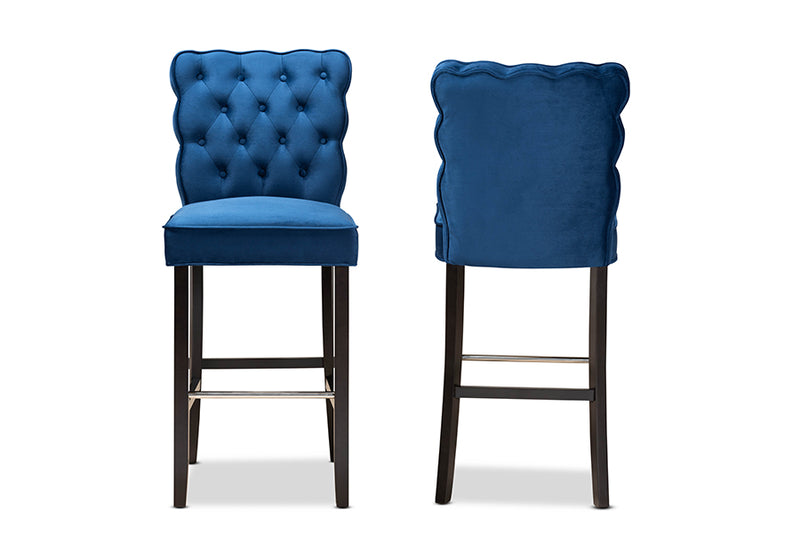 Baxton Studio Daphne Modern and Contemporary Navy Blue Velvet Fabric Upholstered and Dark Brown Finished Wood 2-Piece Bar Stool Set