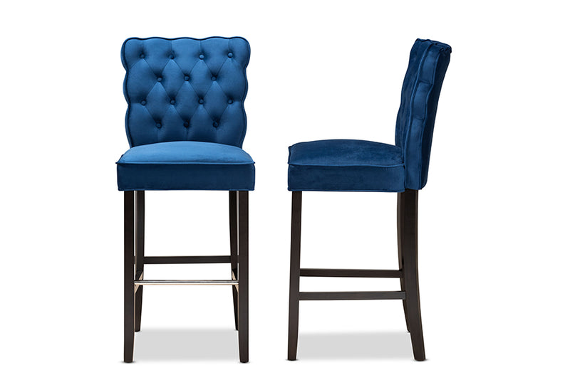 Baxton Studio Daphne Modern and Contemporary Navy Blue Velvet Fabric Upholstered and Dark Brown Finished Wood 2-Piece Bar Stool Set