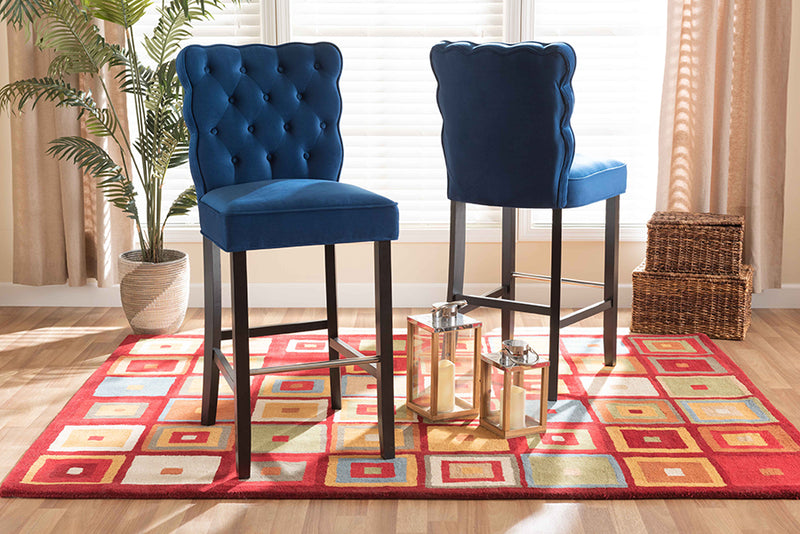 Baxton Studio Daphne Modern and Contemporary Navy Blue Velvet Fabric Upholstered and Dark Brown Finished Wood 2-Piece Bar Stool Set