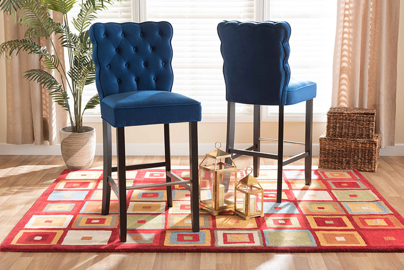 Baxton Studio Daphne Modern and Contemporary Navy Blue Velvet Fabric Upholstered and Dark Brown Finished Wood 2-Piece Bar Stool Set