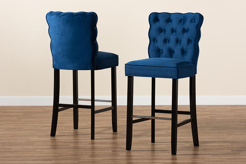 Baxton Studio Daphne Modern and Contemporary Navy Blue Velvet Fabric Upholstered and Dark Brown Finished Wood 2-Piece Bar Stool Set
