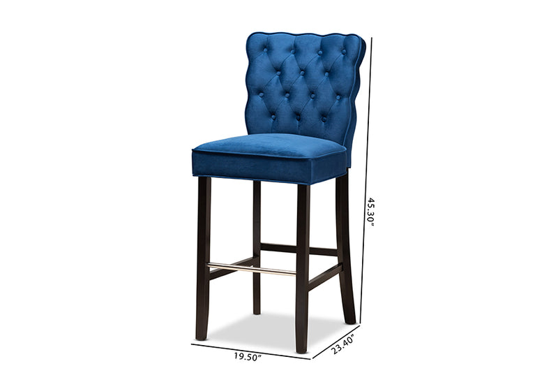 Baxton Studio Daphne Modern and Contemporary Navy Blue Velvet Fabric Upholstered and Dark Brown Finished Wood 2-Piece Bar Stool Set