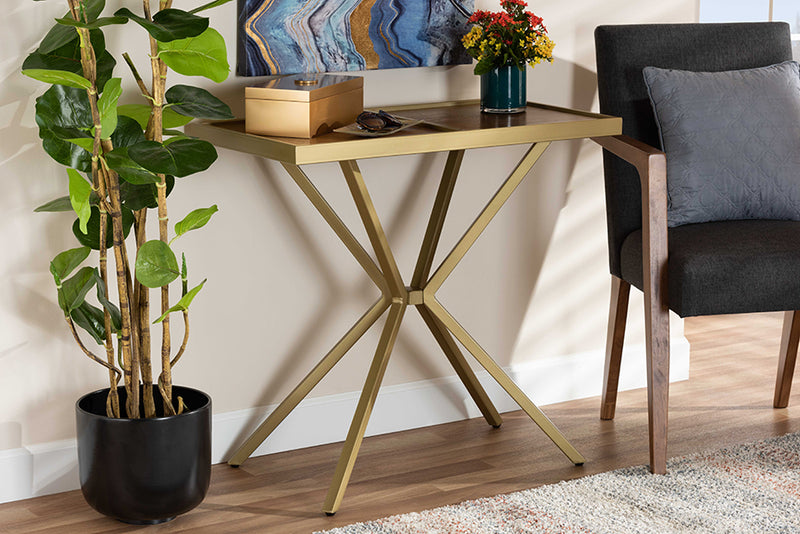 Baxton Studio Carlo Modern and Contemporary Walnut Finished Wood and Gold Finished Metal Console Table