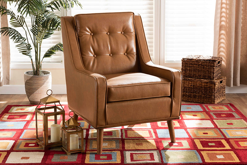 Baxton Studio Daley Modern and Contemporary Tan Faux Leather Upholstered and Walnut Brown Finished Wood Lounge Armchair