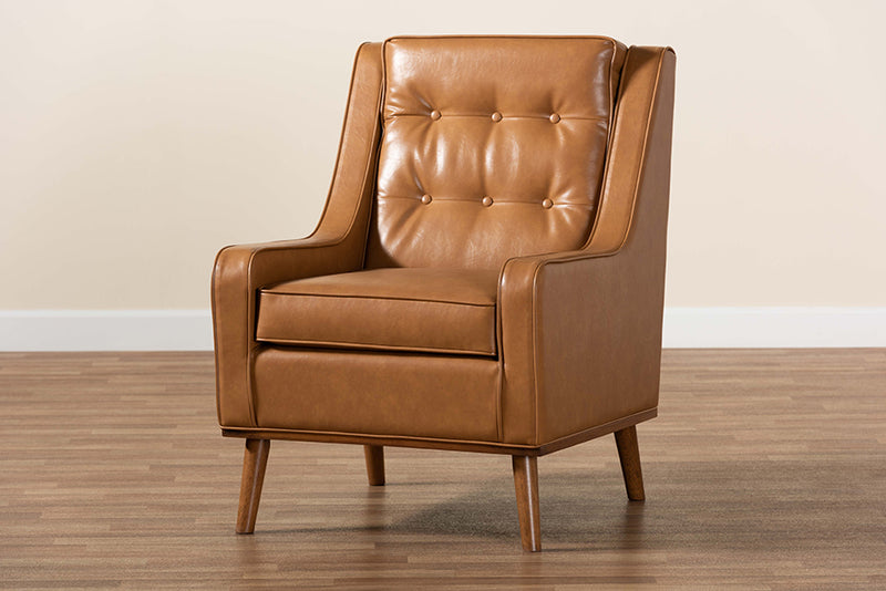 Baxton Studio Daley Modern and Contemporary Tan Faux Leather Upholstered and Walnut Brown Finished Wood Lounge Armchair