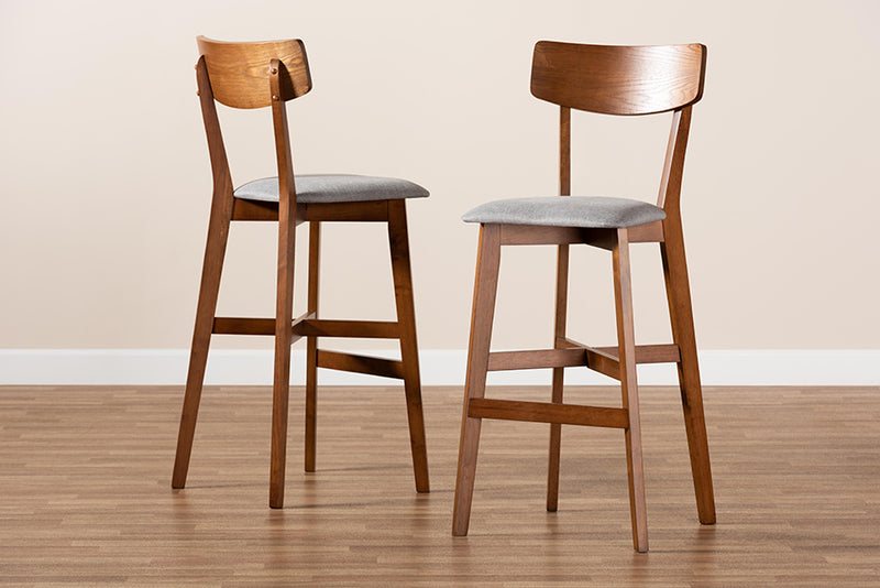 Baxton Studio Cameron Modern and Contemporary Transitional Grey Fabric Upholstered and Walnut Brown Finished Wood 2-Piece Bar Stool Set