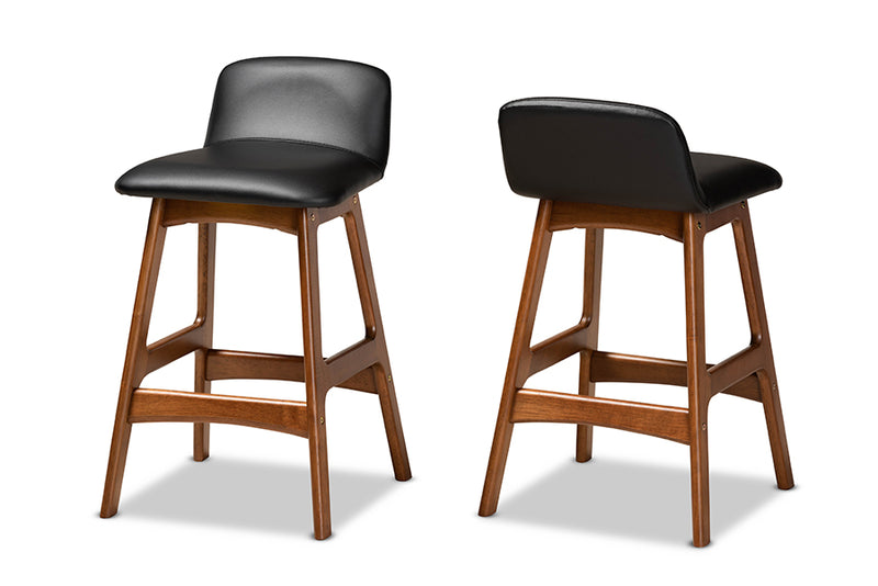 Baxton Studio Darrin Mid-Century Modern Black Faux Leather Upholstered and Walnut Brown Finished Wood 2-Piece Counter Stool Set