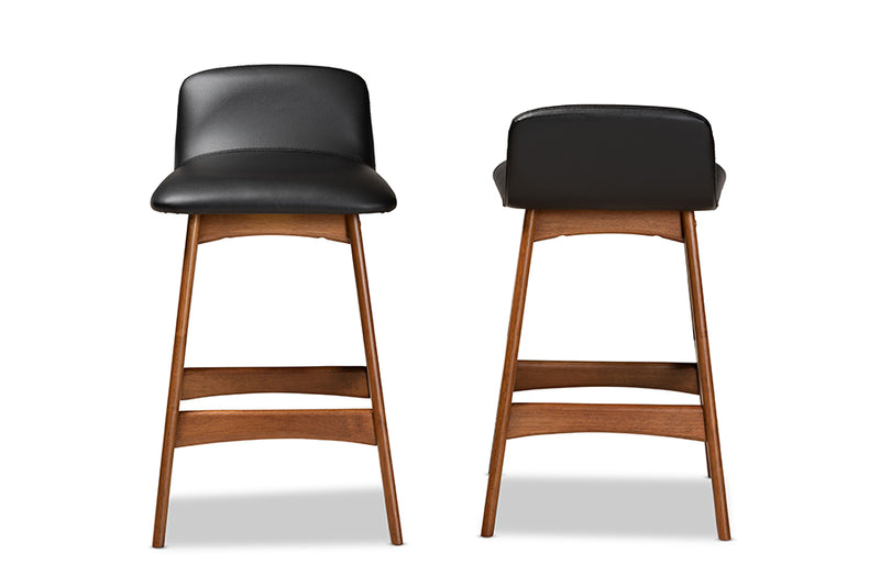 Baxton Studio Darrin Mid-Century Modern Black Faux Leather Upholstered and Walnut Brown Finished Wood 2-Piece Counter Stool Set
