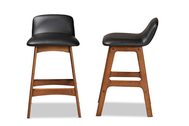 Baxton Studio Darrin Mid-Century Modern Black Faux Leather Upholstered and Walnut Brown Finished Wood 2-Piece Counter Stool Set