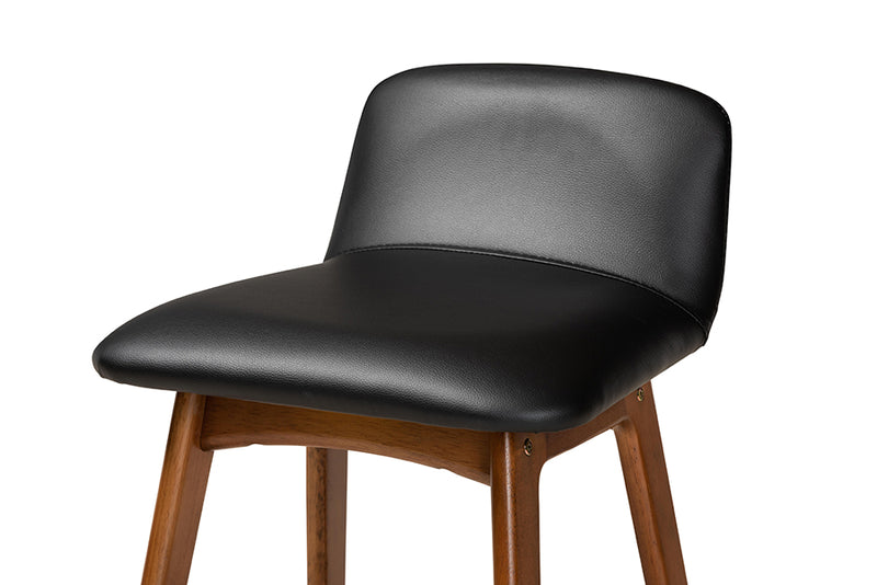 Baxton Studio Darrin Mid-Century Modern Black Faux Leather Upholstered and Walnut Brown Finished Wood 2-Piece Counter Stool Set