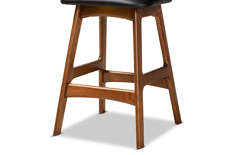 Baxton Studio Darrin Mid-Century Modern Black Faux Leather Upholstered and Walnut Brown Finished Wood 2-Piece Counter Stool Set