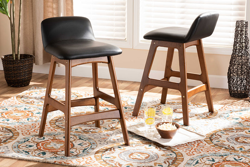 Baxton Studio Darrin Mid-Century Modern Black Faux Leather Upholstered and Walnut Brown Finished Wood 2-Piece Counter Stool Set