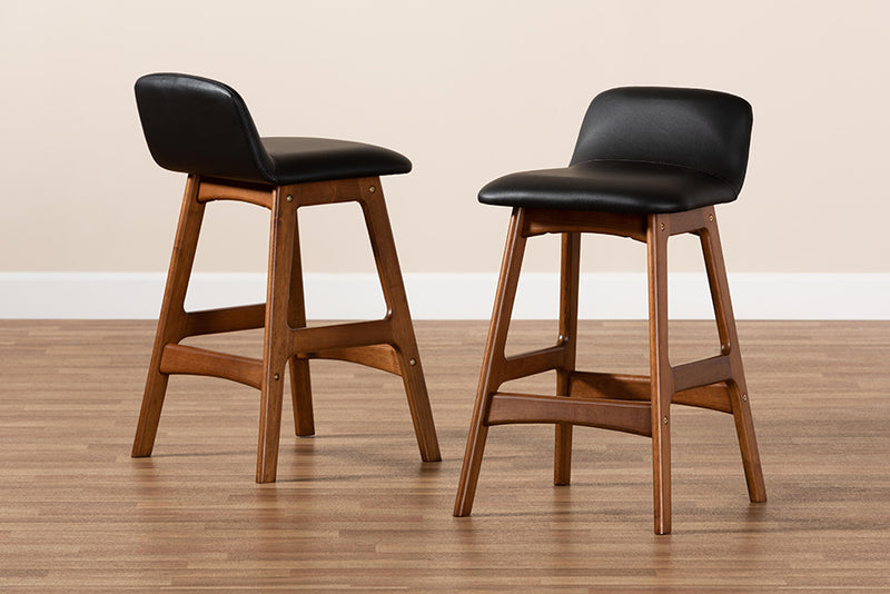 Baxton Studio Darrin Mid-Century Modern Black Faux Leather Upholstered and Walnut Brown Finished Wood 2-Piece Counter Stool Set