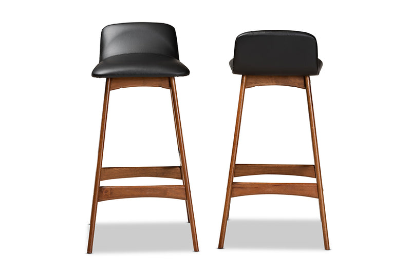 Baxton Studio Darrin Mid-Century Modern Black Faux Leather Upholstered and Walnut Brown Finished Wood 2-Piece Bar Stool Set