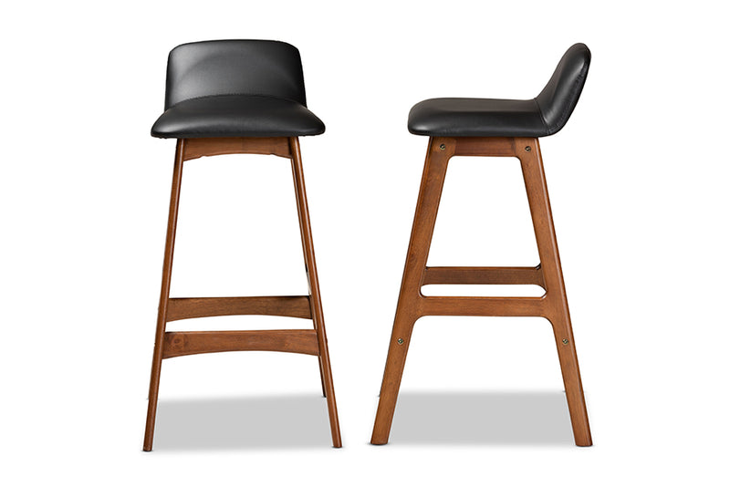 Baxton Studio Darrin Mid-Century Modern Black Faux Leather Upholstered and Walnut Brown Finished Wood 2-Piece Bar Stool Set