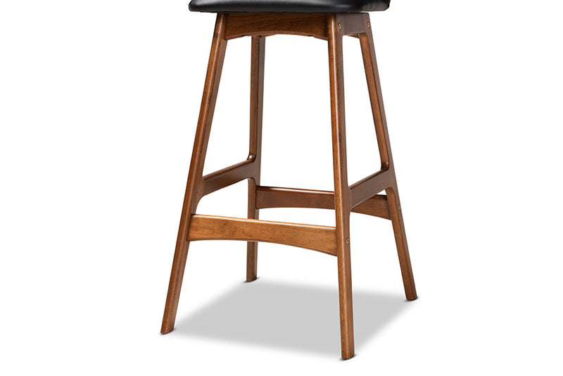 Baxton Studio Darrin Mid-Century Modern Black Faux Leather Upholstered and Walnut Brown Finished Wood 2-Piece Bar Stool Set
