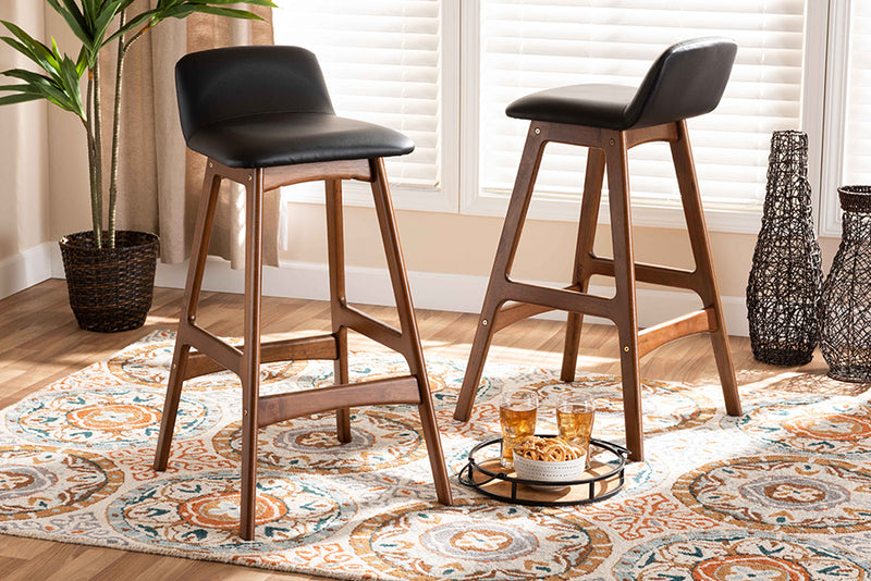 Baxton Studio Darrin Mid-Century Modern Black Faux Leather Upholstered and Walnut Brown Finished Wood 2-Piece Bar Stool Set