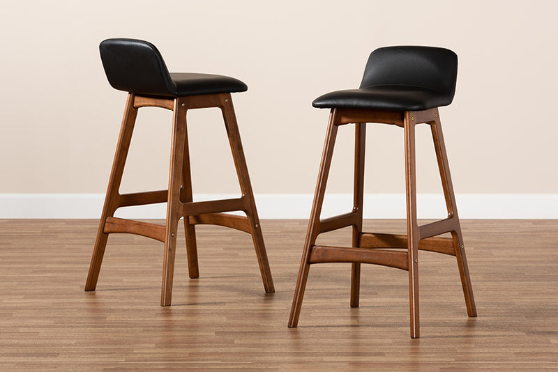 Baxton Studio Darrin Mid-Century Modern Black Faux Leather Upholstered and Walnut Brown Finished Wood 2-Piece Bar Stool Set