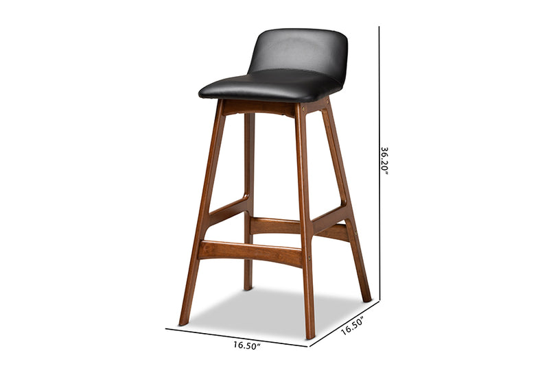 Baxton Studio Darrin Mid-Century Modern Black Faux Leather Upholstered and Walnut Brown Finished Wood 2-Piece Bar Stool Set