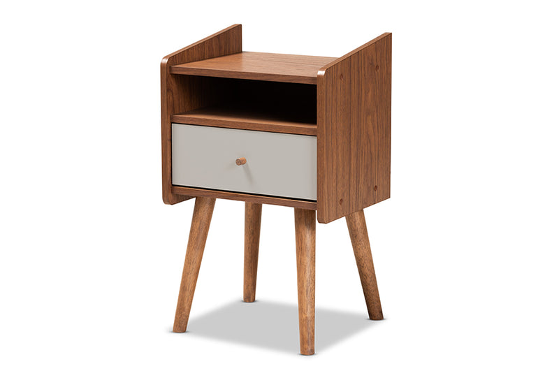 Baxton Studio Elario Mid-Century Modern Two-Tone Grey and Walnut Brown Finished Wood 1-Drawer Nightstand